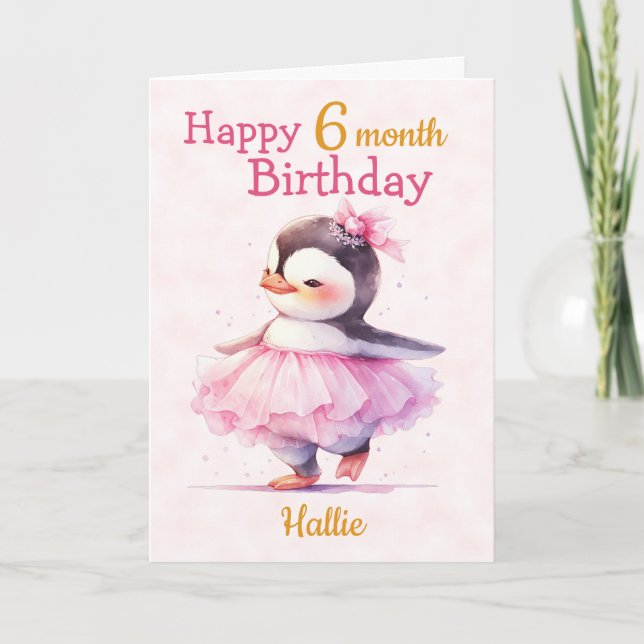 Cartão Feliz 6 Meses de Aniversário Pinguim Ballerina (Frente)