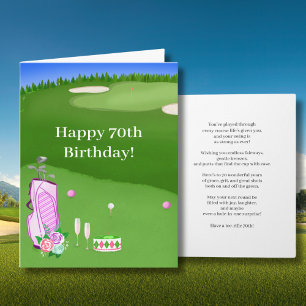 Cartão Feliz 70º Aniversário Bolsa de Golfe Rosa no Campo