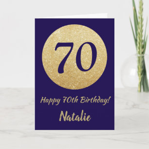 Cartão Feliz 70 Aniversário Marinho Azul e Dourado Brilh