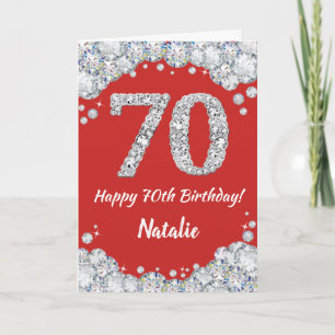 Cartão Feliz 70 Aniversário Vermelho e Silver Glitcard
