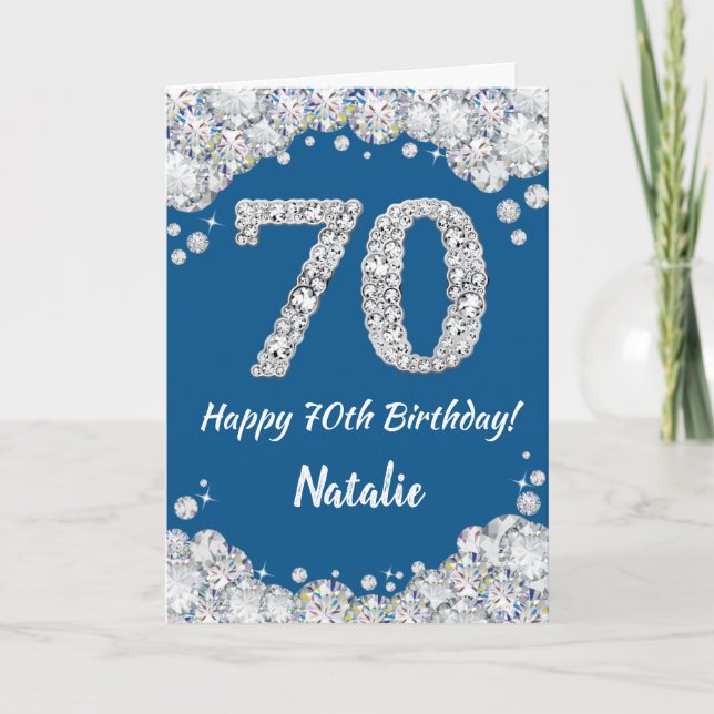 Cartão Feliz 70 Birthday Blue e Silver Glitcard (Frente)