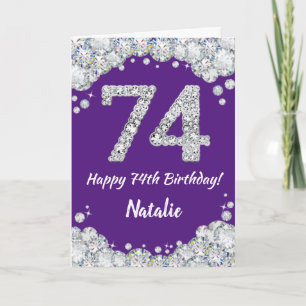 Cartão Feliz 74.º Aniversário, Roxo e Placa Luminosa Prat