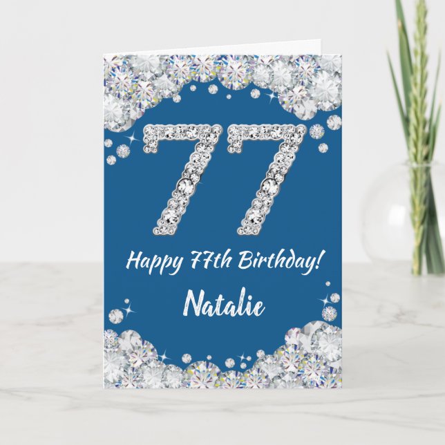 Cartão Feliz 77.º Aniversário, Azul e Silver Glitter Card (Frente)