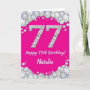 Cartão Feliz 77.º aniversário, rosa quente e brilho prate