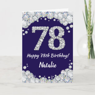 Cartão Feliz 78º aniversário Marinho Azul e Silver Glitte