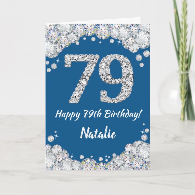Cartão Feliz 79º aniversário, Azul e Silver Glitter Card (Frente)