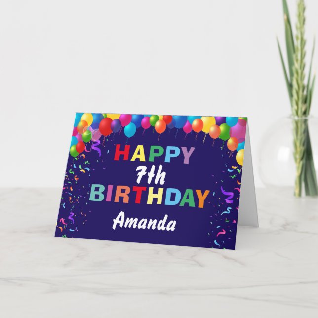 Cartão Feliz 7 Aniversário Balões Coloridos Marinho Azul (Frente)