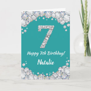 Cartão Feliz 7 de Aniversário, Teal e Placa Luminosa de P