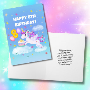 Cartão Feliz 8º Aniversário Unicórnio com Bolo de Anivers