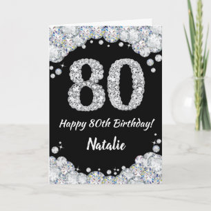 Cartão Feliz 80 Aniversário Negro e Silver Gliter Card
