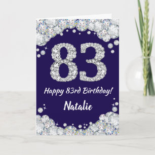 Cartão Feliz 83º aniversário Marinho Azul e Silver Glitte