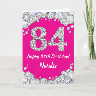 Cartão Feliz 84.º aniversário, rosa quente e brilho prate