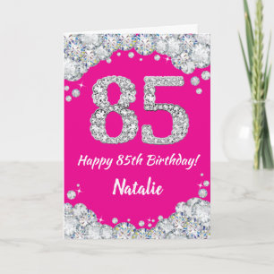 Cartão Feliz 85.º aniversário, rosa quente e brilho prate