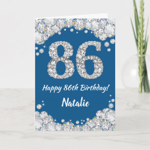Cartão Feliz 86.º Aniversário, Azul e Silver Glitter Card