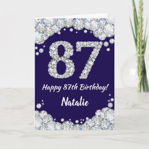 Cartão Feliz 87º aniversário Marinho Azul e Silver Glitte