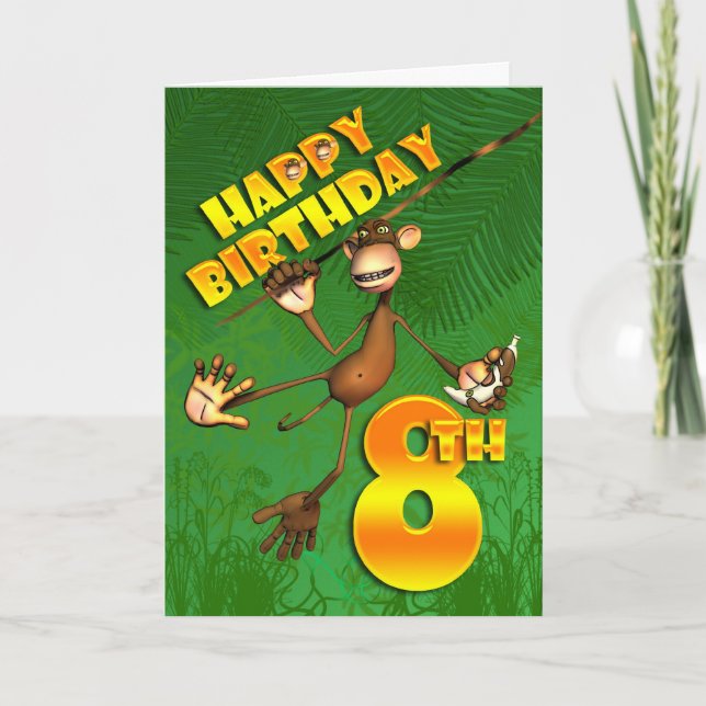 Cartão Feliz 8.º Aniversário, Macaco Banana (Frente)