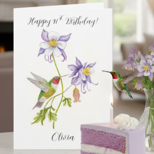 Cartão Feliz 91º Aniversário Columbine com Beija-flor