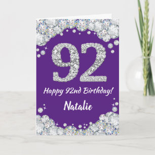 Cartão Feliz 92º Aniversário, Roxo e Placa Luminosa Pra