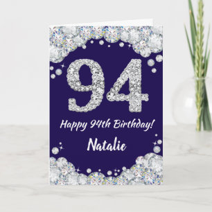 Cartão Feliz 94.º aniversário Marinho Azul e Silver Gli