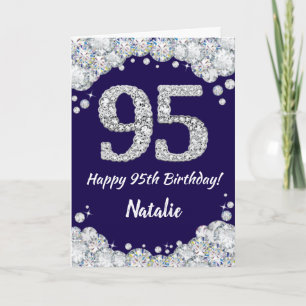 Cartão Feliz 95º aniversário Marinho Azul e Silver Glit
