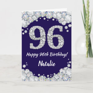 Cartão Feliz 96º aniversário Marinho Azul e Silver Glitte