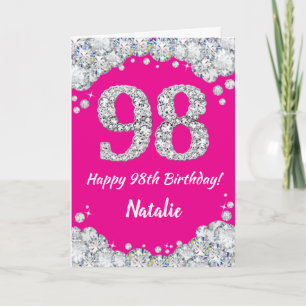 Cartão Feliz 98º aniversário, rosa quente e brilho prat