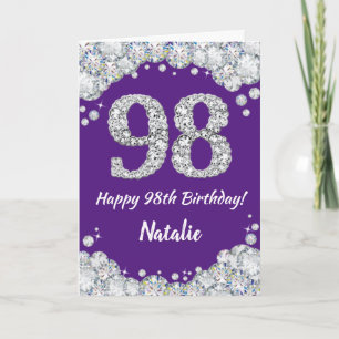 Cartão Feliz 98.º aniversário, Roxo e Placa Leve Prateada
