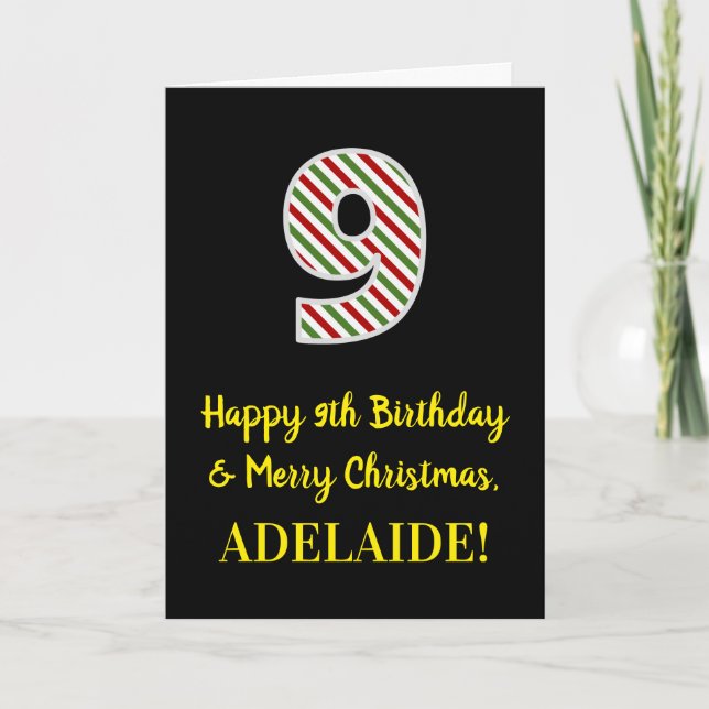 Cartão Feliz 9.º Aniversário e Feliz Natal, Nome Personal (Frente)