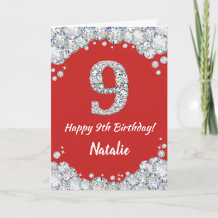 Cartão Feliz 9.º Aniversário, Vermelho e Silver Glitter C