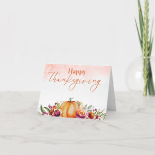 Cartão Feliz Ação de Graças Aquarela Pumpkin e Flores