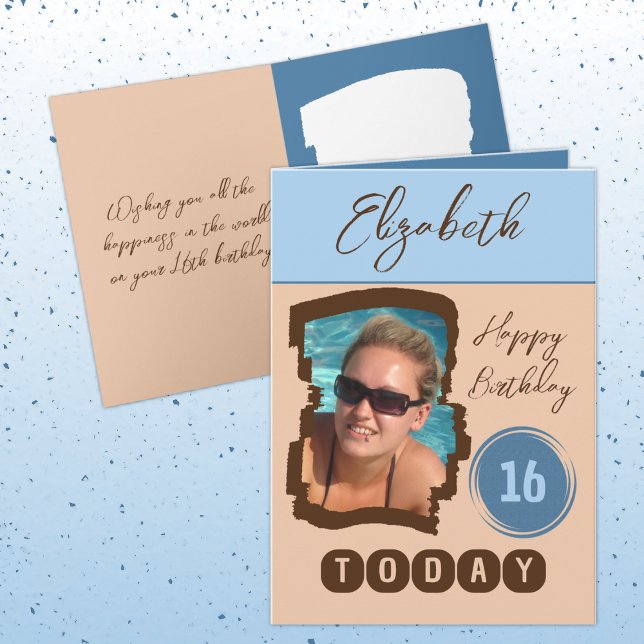Cartão Feliz aniversário 16 hoje adicione a foto azul mar (Criador carregado)