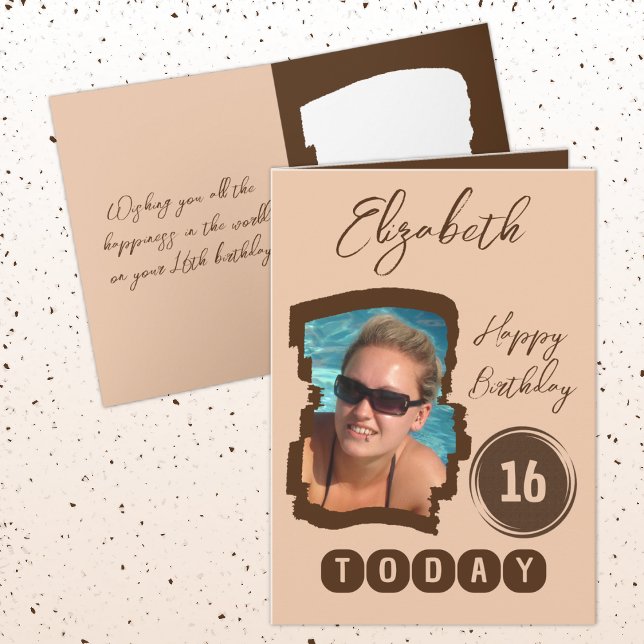 Cartão Feliz aniversário 16 hoje adicione foto marrom (Criador carregado)