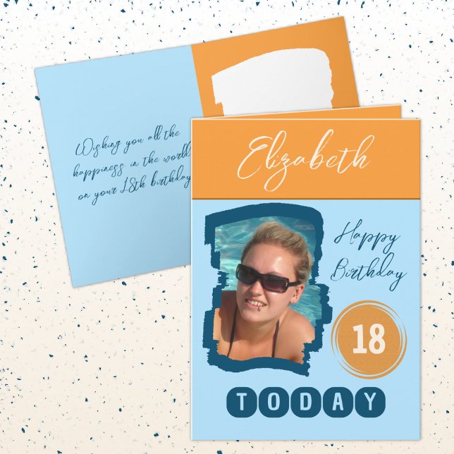 Cartão Feliz aniversário 18 hoje adicione foto laranja az (Criador carregado)