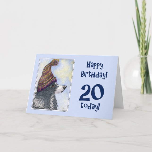 Cartão Feliz Aniversário, 20 de hoje, cão-cola-fronteira  (Frente)