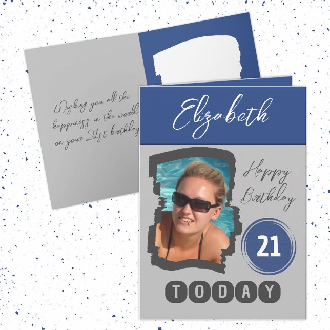 Cartão Feliz aniversário 21 hoje adicione cinza azul (Criador carregado)