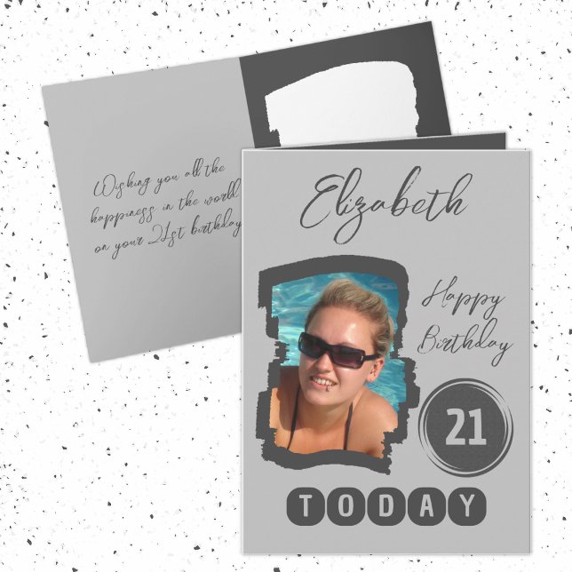 Cartão Feliz aniversário 21 hoje adicione cinza fotográfi (Criador carregado)