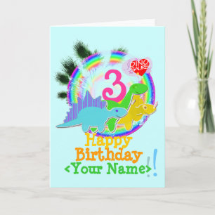 Cartão Feliz Aniversário, 3 Anos, Seu Nome Dino Card