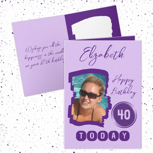 Cartão Feliz aniversário 40 hoje adicione foto roxo (Criador carregado)