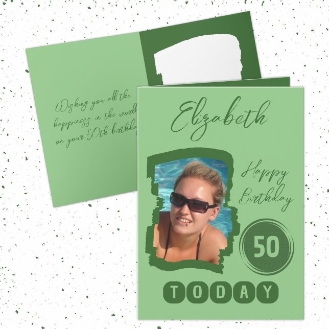 Cartão Feliz aniversário 50 hoje adicione foto verde (Criador carregado)