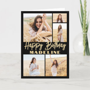 Cartão Feliz Aniversário 5 Foto Colagem Moderna Preto e D