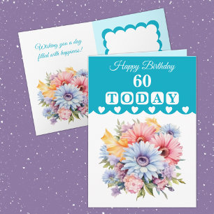 Cartão Feliz aniversário 60 de hoje, flores turquesa