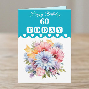 Cartão Feliz Aniversário 60 hoje flores turquesa
