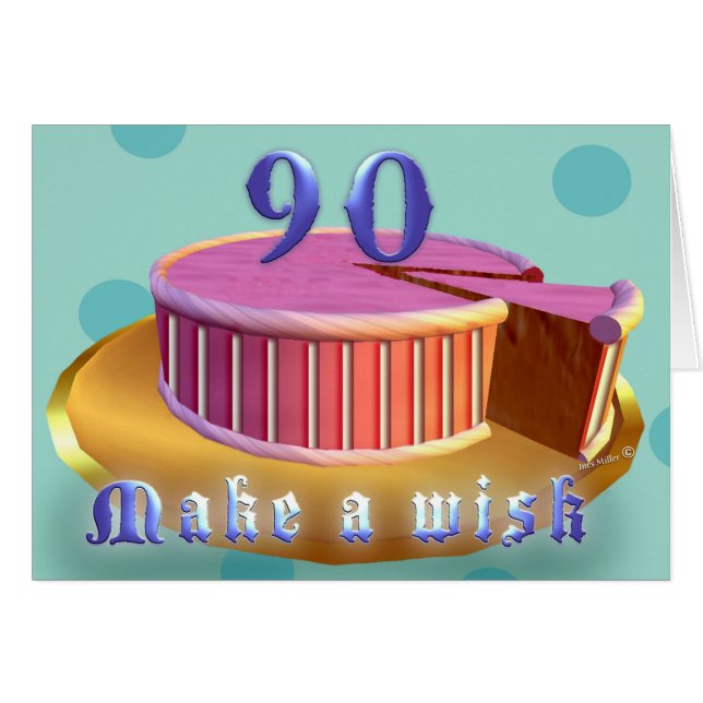 Cartão Feliz Aniversário, 90 Bolo-Rosa, listras de Aniver (Frente Horizontal)