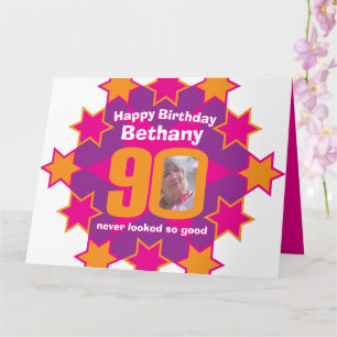 Cartão Feliz aniversário 90 estrelas cor-de-rosa nome e 