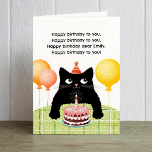 Cartão Feliz aniversário a você com gato, bolo e vela