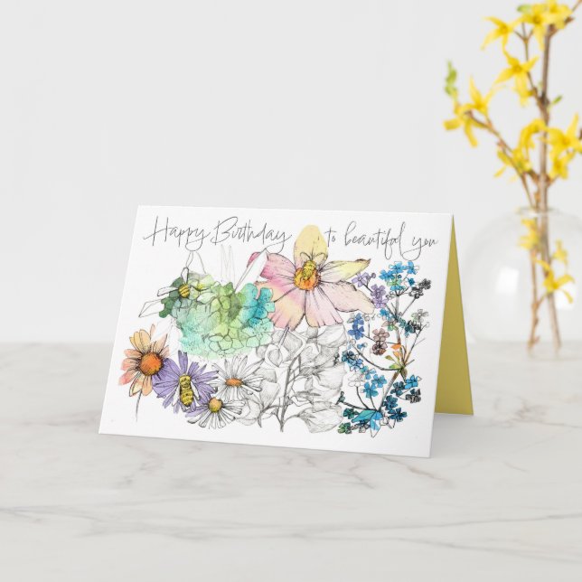 Cartão Feliz Aniversário Abelhas Flores Aquarela  (Flor Amarela)