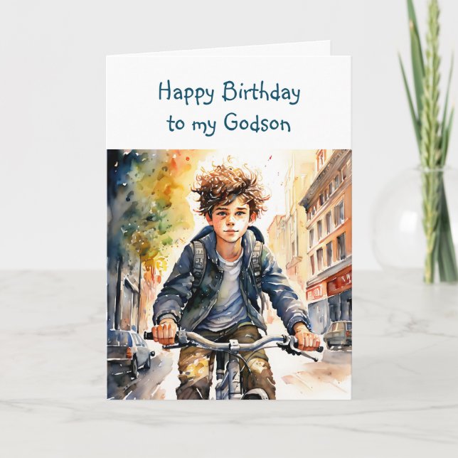 Cartão Feliz Aniversário Afilhado | Menino de Bicicleta n (Frente)