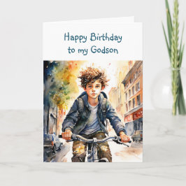 Cartão Feliz Aniversário Afilhado | Menino de Bicicleta n