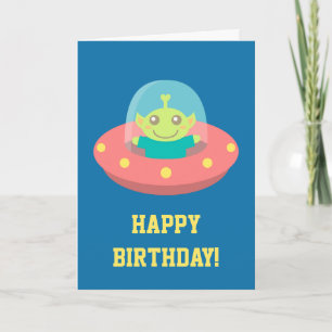 Cartão Feliz Aniversário, Alien Bonito na Espaçonave