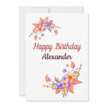 Feliz Aniversário Amarelo Flores Roxas Aquarela